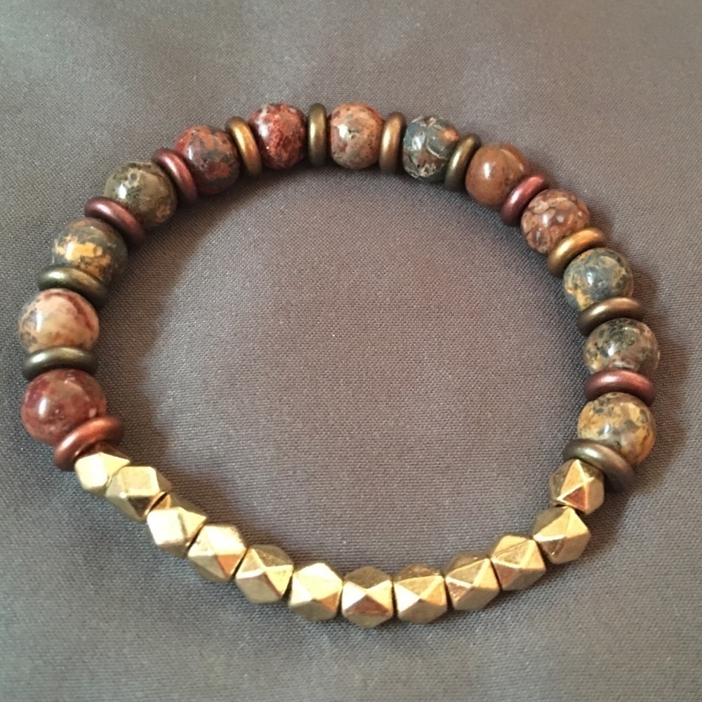 Leopard jasper and Czech glass, gold bead stretch handmade bracelet